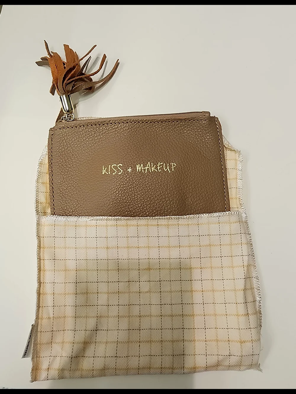 Graphic Image Taupe 'Kiss + Makeup' Zippered Cosmetic Pouch with Gold Foil